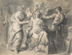 En allegori over kunsten med Isis og geometri, der deltager i den trehovedede figur af..., 1600-tallet