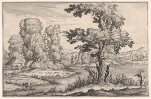 Landskab med geder, der græsser nær en flod og en figur i højre forgrund, fra en ser..., 1638.