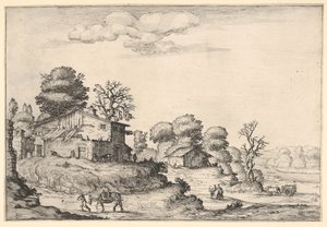 Landskab med bondeboliger og en mand, der fører en hest i venstre forgrund, fra en ..., 1638.