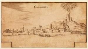 Udsigt over Cartagena, Spanien, ca. 1642 (pen og brunt blæk på lagt papir, med brune blæk-indramningslinjer trinvist i bunden) af Ercole Frigoni Bazzicaluva
