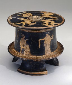 Rødfigur pyxis, loftsrum, ca. 430 f.Kr. (lertøj) af Eretria Painter Eretria Painter