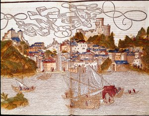 Havnen på Korfu (Korfu) i Grækenland Side taget fra rejsebogen "" Peregrinatio in Terram Sanctam"" efter pilgrimsfærden i Bernards hellige land af Breydenbach (Breidenbach) (1454-1497) illustreret med graveringer af Erhard Reuwich