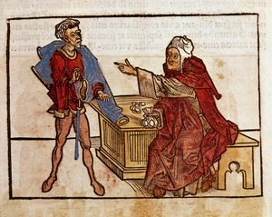 Transaktion mellem en jøde og en lånehaj Side hentet fra rejsebogen "" Peregrinatio in Terram Sanctam"" efter pilgrimsfærden i Bernard de Breydenbachs hellige land (Breidenbach) (1454-1497) illustreret med graveringer af Erhard Reuwich