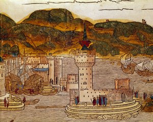 Udsigt over havnen i Candie (det nuværende Heraklion) på Kreta Side fra Rejsebogen "" Peregrinatio in Terram Sanctam""" efter pilgrimsrejsen i Bernard de Breydenbachs (Breidenbachs hellige land) (1454-1497) graveringer af Erhard Re
