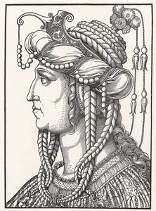 ""Portræt af Sultan Suleiman den storslåede sultan Suleimans (Russelazie (den Ruthenian)) eller Hurrem (nee Anastasia Lisovska, ca. 1500-1558) hustru af Sultan Suleiman den storslåede"" Træsnit af Erhard Schoen (1491-1592) ca. 1532 Go Herzogliches Museum