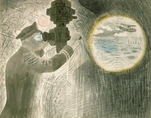 En ubådsofficer kigger gennem periskopet. Akvarel og blyant på papir af Eric Ravilious