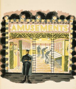 Forlystelsesarkade, illustration fra "High Street" af J.M. Richards, trykt af Curwen Press, udgivet af Country Life, 1938 af Eric Ravilious
