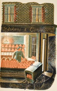 Baker and Confectioner, illustration fra "High Street" af J.M. Richards, trykt af Curwen Press, udgivet af Country Life, 1938 af Eric Ravilious