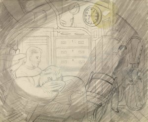Kahytten (eller pladsen) for de ledende officerer på en ubåd (submarine). Blyantsserie af Eric Ravilious (1903-1942), ombord på en ubåd under Anden Verdenskrig (1939-1945). af Eric Ravilious
