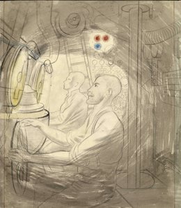 Dykkerkontrolrummet på en ubåd. Blyantsserie af Eric Ravilious (1903-1942), ombord på en ubåd under Anden Verdenskrig (1939-1945). af Eric Ravilious