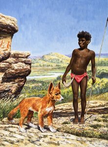 Aboriginer-dreng med dingo (gouache på papir)
