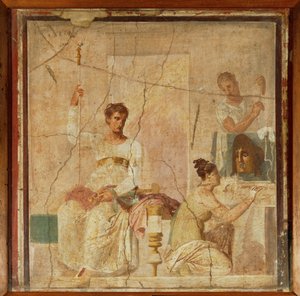 Skuespillere dedikerer en maske til guderne Vægmaleri, kopi af en græsk original fra 4. f.v.t., fra Herculanum, Italien af Erich Lessing