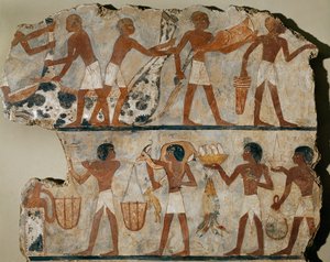 Slagtere udskærer en okse, madbærere ... af Erich Lessing