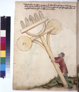 Helside: vogn med savklinger foran, ca. 1430 (farvelagt pennetegning)