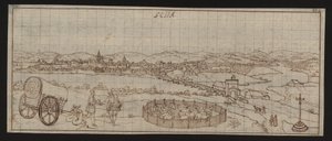 Helside: udsigt over byen: Ecija (pennetegning) af Erich Lessing