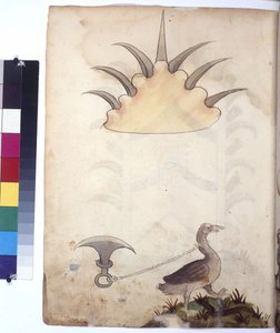 Helside: jordvolde med spyd, med en and bundet til et blad nedenunder, ca. 1430 (farvelagt pennetegning)