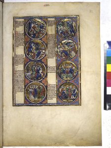 Helside: otte medaljoner, der omslutter miniaturer og ledsages af tekst, ca. 1225-1250 (tempera på pergament)