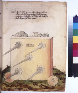 Helside: mobil vagt, med spyd og soldater i rustning bagved, ca. 1430 (farvelagt pennetegning)