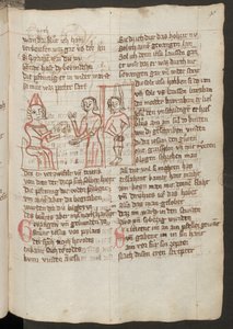 Helside: tekst med farvelagt tegning: Judas foran ypperstepræsten: til højre, Judas ved galgen (farvelagt tegning) af Erich Lessing