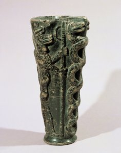 Libationsvase af kong Gudea dedikeret til Ningishzidda, med denne guds akolytter, sammenflettede slanger og bevingede drageslanger ...