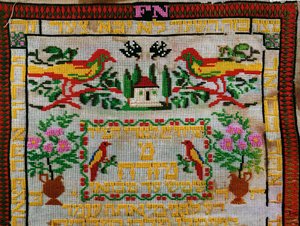 Mizrach, en dekoration hængt på væggene i hjem eller synagoger for at angive bønnens retning, i (broderi på linned) af Erich Lessing