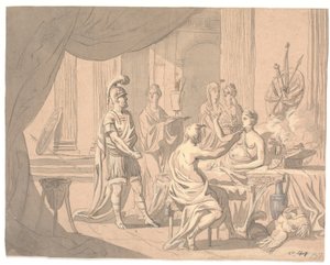 Antik scene. En fornem dame smykkes af andre damer foran en hjelmklædt kriger af Erik Pauelsen