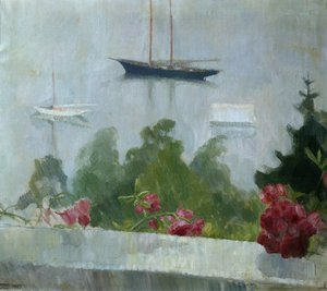 Båden, blomster på verandaen af Erik Theodor Werenskiold