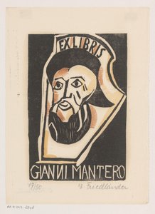 Ex libris af Gianni Mantero af Erna Levy Friedländer (signed by artist)