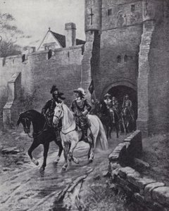 Oliver Cromwell med sin hær i Bootham Bar, York, da Charles II forsøgte at generobre tronen i 1650 (litho) af Ernest (after) Crofts