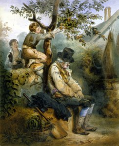 Børn, der stjæler æbler under den sovende bondes næse - litografi af Grenier, v.1840 af Ernest (after) Grenier
