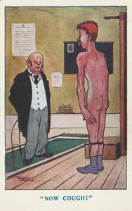 Læge beder en nøgen mand om at hoste under en lægeundersøgelse (farve litho) af Ernest (after) Noble