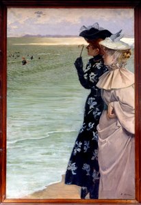 Smuk periode: “” Badetid ved havet””” To kvinder på kysten undersøgte de badende i kikkert. Maleri af Ernest Ange Duez (1843-1896) 1896 søn. 1,06x1,6 m Rouen, musee des Beaux Arts - Belle epoque: "" Badetid ved havet"" To kvinder på b