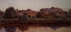 Et hus og gårdbygninger ved en flod af Ernest Arthur Rowe