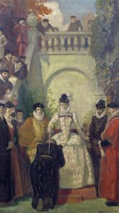 Dronning Elizabeth I til ridder Sir John Young på trappen til hans ejendom, The Great House, Bristol, 1910-20