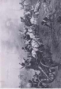 Tilfangetagelse af det franske batteri af det 52. Oxfordshire Light Infantry Regiment ved Waterloo 18. juni 1815, illustration fra britiske slag på land og hav, 1915 af Ernest Crofts