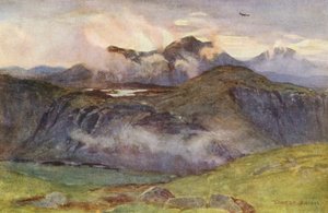 Merrick og Loch Enoch fra toppen af Corscrine (farvelitografi)
