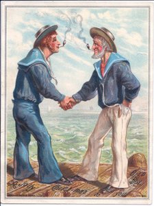 Et victoriansk julekort med to sømænd, der ryger lerpiber og ryster hænder, ca. 1880 (farve litho) af Ernest Henry Griset