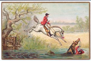 Et victoriansk nytårskort af en rævejagt med en jæger og hans hest faldende i floden, ca. 1880 af Ernest Henry Griset