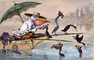 Skarver præsenterer fisk for en pelikan i et skud under en paraply, c1864-1907 af Ernest Henry Griset