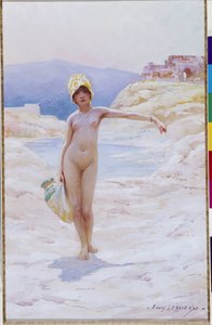 Algerisk pige har kanden En nøgen pige iført en hat iført en kande med vand nær en vandkilde i en oase i ørkenen. Akvarel af Louis Ernest Lessieux (1874-1925) Obligatorisk omtale: Collection fondation regards de Provence, Marseille af Ernest Louis Lessieux