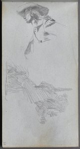 Skitsebog, side 27: Detailundersøgelse for "På en terrasse" og landskabsundersøgelse af Ernest Meissonier