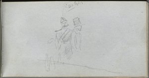 Skitsebog, side 38: Studie af en soldat og skikkelse i høj hat af Ernest Meissonier