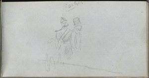 Skitsebog, side 38: Studie af en soldat og skikkelse i høj hat. af Jean Louis Ernest Meissonier