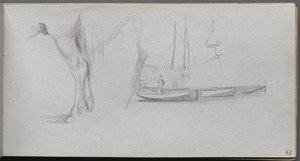 Skitsebog, side 43: Studier: Hesteben, figur i en båd og profil af Ernest Meissonier