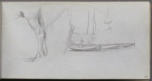 Skitsebog, side 43: Studier: Hesteben, figur i en båd og profil. af Jean Louis Ernest Meissonier