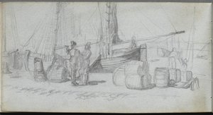 Skitsebog, side 50: Både, figurer, last på en strand af Ernest Meissonier