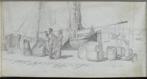 Skitsebog, side 50: Både, figurer, last på en strand. af Jean Louis Ernest Meissonier