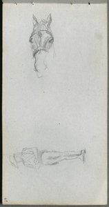 Skitsebog, side 69: Studie af en hånd, en hest og en figur af Ernest Meissonier