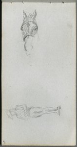 Skitsebog, side 69: Studie af en hånd, en hest og en figur. af Jean Louis Ernest Meissonier