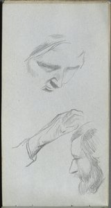 Skitsebog, side 70: Studie af to ansigter og en hånd. af Jean Louis Ernest Meissonier
